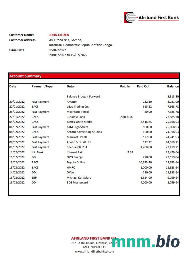Kongo Ecobank szablon w formacie excel pdf